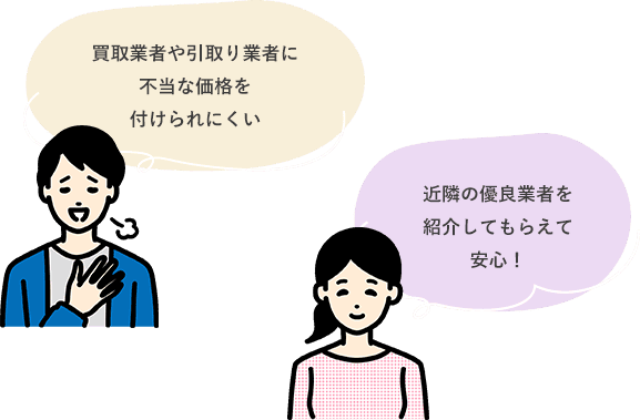 買取業者や引取り業者に不当な価格を付けられにくい,近隣の優良業者を紹介してもらえて安心！